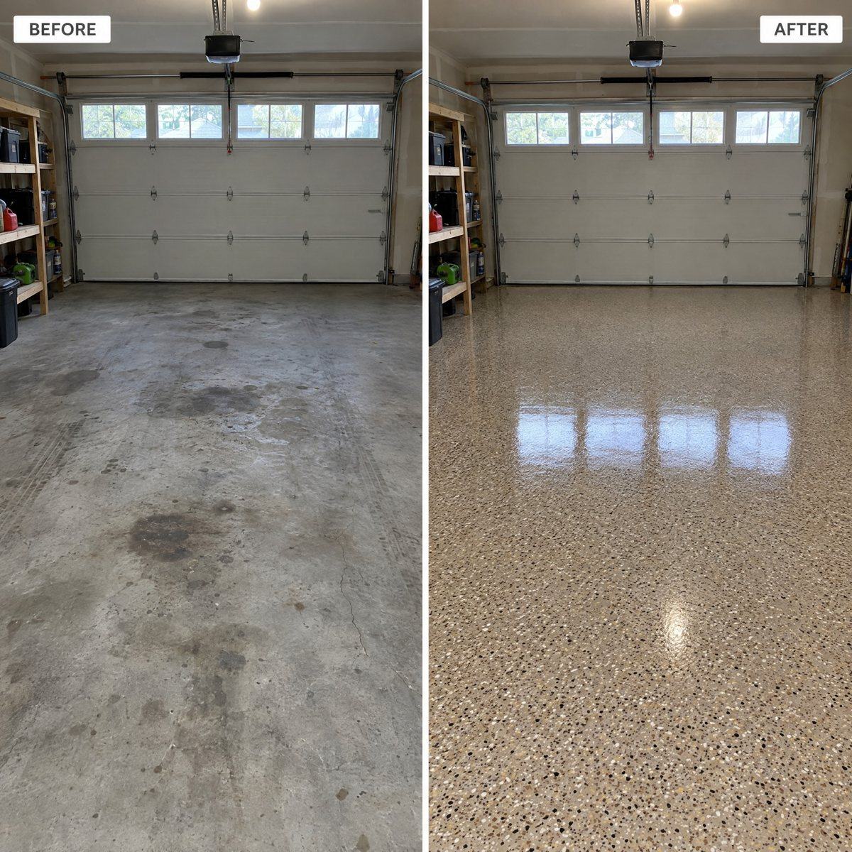 Garage floor before and after a full-flake coating